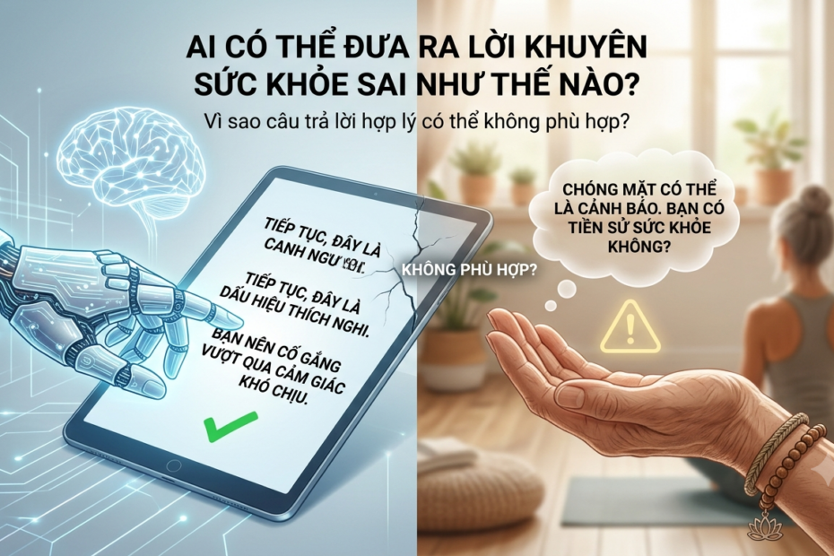 Giải thích cho giáo viên Yoga và người thực hành Yoga vì sao không nên xem mọi lời khuyên sức khỏe do AI tạo ra là chính xác hoặc phù hợp với cá nhân; đồng thời củng cố uy tín chuyên môn của website trong chủ đề AI, Yoga và Yoga Therapy.
